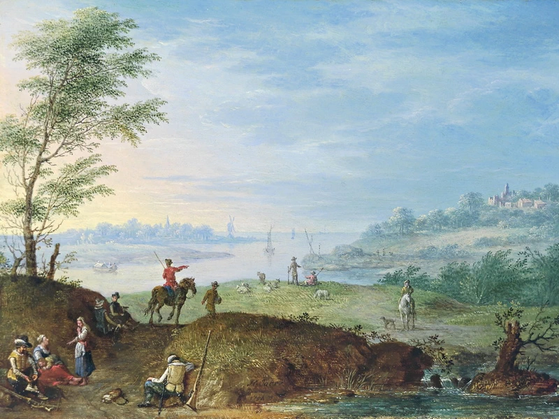 1696-Hendrik Carré II - Ampio paesaggio con cacciatori e viaggiatori